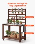 Potting Bench Table, Outdoor Gardening Workstation With 45 X 26 In Stainless Steel Tabletop, Storage Shelves, 4 Casters, Hooks, Garden Planting Work Station For Outside Patio, Backyard, Brown
