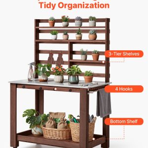 Potting Bench Table, Outdoor Gardening Workstation With 45 X 26 In Stainless Steel Tabletop, Storage Shelves, 4 Casters, Hooks, Garden Planting Work Station For Outside Patio, Backyard, Brown