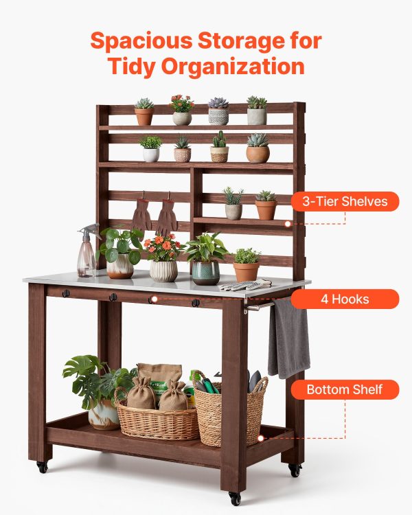 Potting Bench Table, Outdoor Gardening Workstation With 45 X 26 In Stainless Steel Tabletop, Storage Shelves, 4 Casters, Hooks, Garden Planting Work Station For Outside Patio, Backyard, Brown