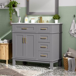 36 Gray Modern Bathroom Vanity With Ceramic Sink, Soft-Close Door, And 4 Storage Drawers ,offering A Refined Look With Practical Everyday Functionality. Old SKU N729P253935E