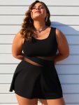 2026 New Women's Plus Size Swimdress: Black With Sheer Mesh Cutout Waist And Flared Skirt