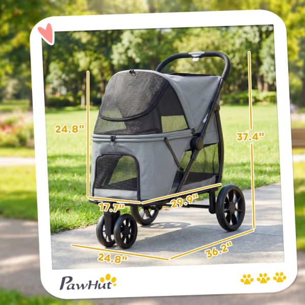 3 Wheel Pet Stroller With Easy One-Click Quick Fold, Mesh Window, Washable Cushion, For Medium Dogs, Gray