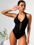 2026 New Ribbed Halter One-Piece Swimsuit, V Neck Front Lace Up Cutout Tummy Control Bathing Suit