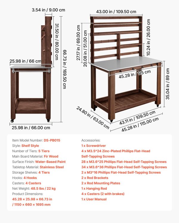 Potting Bench Table, Outdoor Gardening Workstation With 45 X 26 In Stainless Steel Tabletop, Storage Shelves, 4 Casters, Hooks, Garden Planting Work Station For Outside Patio, Backyard, Brown