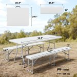 6FT 3 PCS Portable Camping Table and Chairs, Folding Picnic Table Bench Set with Carrying Handles for BBQ, Party, White