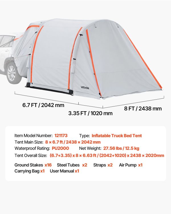 Inflatable SUV Tent With Awning, 8 X 6.7 Ft 3-Season SUV Tailgate Tent With Ventilated Doors & Mesh Window, PU2000mm Waterproof Car Rear Hatch Tents For Outdoor Camping - Air Pump Included