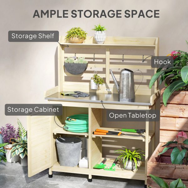 Wooden Potting Bench with Storage, Sink, Water Tap for Backyard, Patio, Balcony, Natural