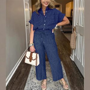 Women's Striped Suit Lapel Short Sleeve Straight Idle Style Trousers