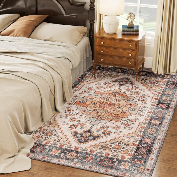 Area Rug 5x7, Machine Washable Rug, Non-Slip Boho Print Pattern Medallion Carpet for Living Room, Bedroom, Tawny Brown