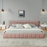 California King Size Upholstered Bed Frame With Thick Fabric, Chenille Fabric Grounded Queen Size Platform Bed With Headboard And Solid Frame. No Box Spring Needed-Pink90.5 X80.5x 31