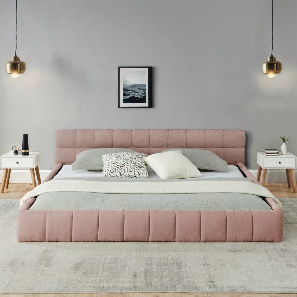 California King Size Upholstered Bed Frame With Thick Fabric, Chenille Fabric Grounded Queen Size Platform Bed With Headboard And Solid Frame. No Box Spring Needed-Pink90.5 X80.5x 31