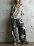 Bohemian-style Loose Top With Star And Moon Print - Wide-leg Pants Two-piece Set