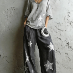 Bohemian-style Loose Top With Star And Moon Print - Wide-leg Pants Two-piece Set