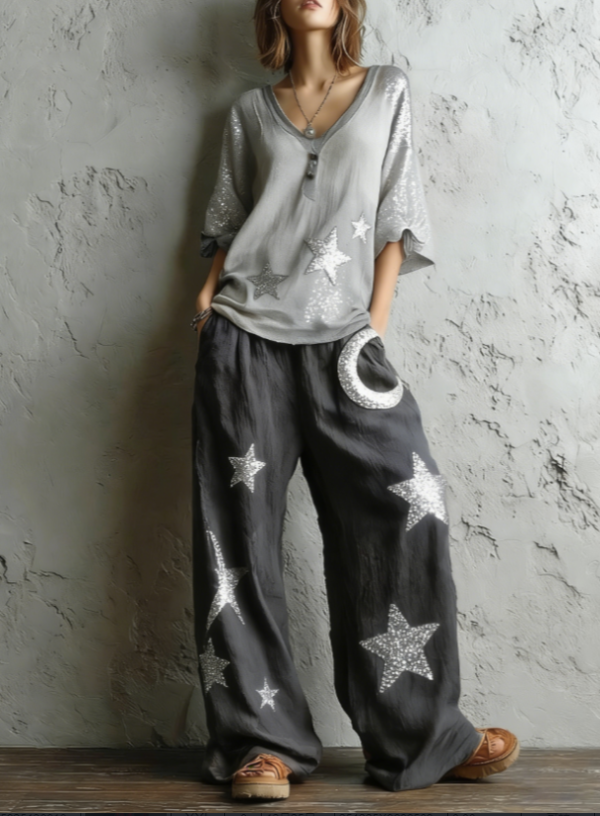Bohemian-style Loose Top With Star And Moon Print - Wide-leg Pants Two-piece Set