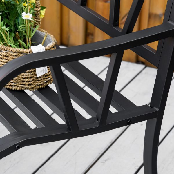 50" Outdoor Bench, Metal Garden Bench with V-Shaped Pattern Backrest, Porch Bench with Slatted Seat for Park, Yard, Lawn, Black