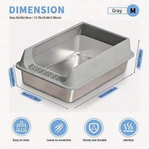 Stainless Steel Cat Litter Box, Large Open Top Litter Box With Anti Splash High Sides, Anti Tracking Pedal, Easy To Clean, Non Stick, Odor Resistant For Big Cats, Multi Cat Homes