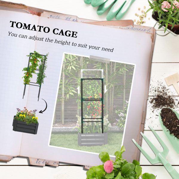 Galvanized Planter Box, 24" x 24" x 55" Raised Garden Bed with Tomato Cage for Climbing Vines, Dark Gray