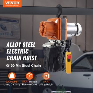 Electric Chain Hoist, 2200 Lbs/1 Ton Capacity, 10 Ft Lifting Height, 10 Ft/min Speed, 120V, Single Phase Overhead Crane With G100 Chain, 10 Ft Wired Remote Control For Garage, Shop, Hotel, Home