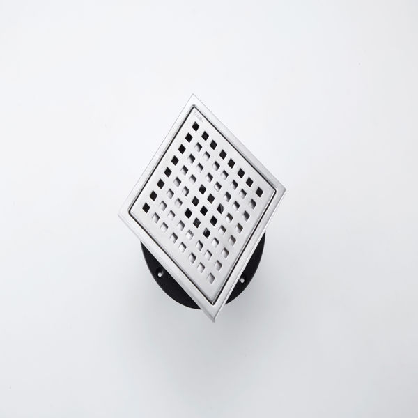 6 Inch Square Shower Drain With Removable Square Patterned Grate, 304 Stainless Steel With Flange And Hair Strainer, Brushed Nickel