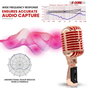 5 Core Classic Retro Microphone Dynamic (ALL METAL BODY) - Old Vintage Style Unidirectional Cardioid Mic W/ XLR Input Universal Stand Compatible | Live Performance |Singing In Studio |Recording Gold