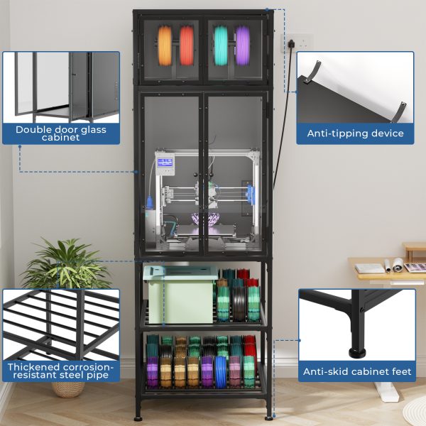 3D Printer Cabinet With Double Layer 3D Printer Filament Storage Rack, T-Shaped Filament Bar & Noise-Reducing, Dust-Proof Design, Suitable For Studio, Office Storage And Organization