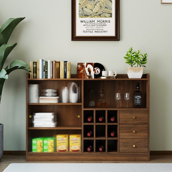 Sideboard With 2 Sliding Striped Glass Doors, Freestanding Countertop Storage Cabinet For Bottles, Wine And So On
