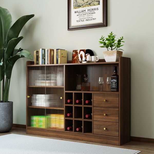 Sideboard With 2 Sliding Striped Glass Doors, Freestanding Countertop Storage Cabinet For Bottles, Wine And So On