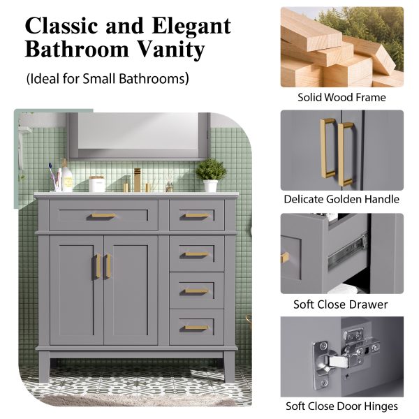36 Gray Modern Bathroom Vanity With Ceramic Sink, Soft-Close Door, And 4 Storage Drawers ,offering A Refined Look With Practical Everyday Functionality. Old SKU N729P253935E