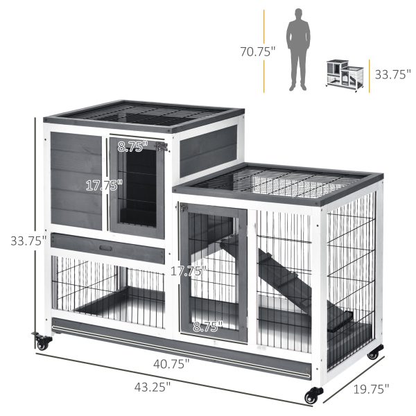 Wooden Rabbit Hutch Elevated Bunny Cage Indoor Small Animal Habitat with Enclosed Run with Wheels, Ramp, Removable Tray for Rabbits, Chickens, Ducks, Guinea Pigs, Gray
