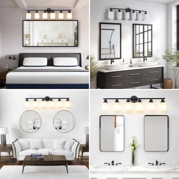 39 Modern 6-Light Vanity Bathroom Mirror Light, Frosted White Glass With Black Iron Frame, Contemporary Wall Sconce For Bedroom, Bathroom, And Dressing Room No Bulbs