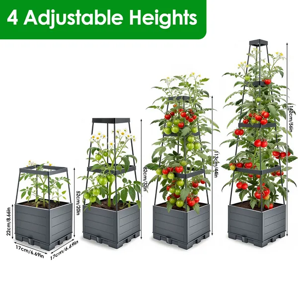 2Pack Raised Garden Bed Boxes With Trellis 56" Tomato Self-Watering Planter Box Indoor Outdoor With 4 Adjustable Heights 10 Clips 65FT Ties For Climbing Vegetables Flowers Vines