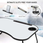 Portable Laptop Desk, Gray And White Matte Metal And Wood Construction, Foldable Design With Cup Holder, 26.5 X 18.5 Inches, For Bed, Car, Couch, Home & Outdoor Use (Grey+White Matte)
