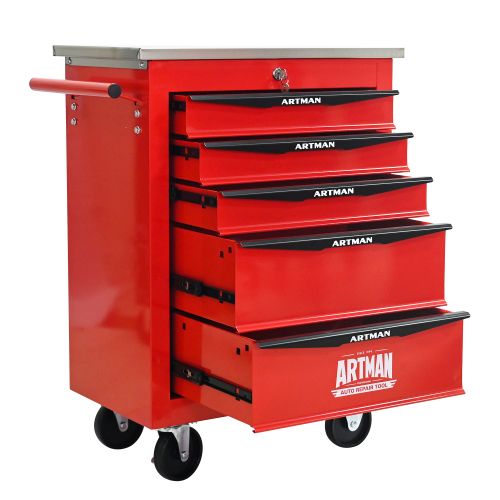 5 Drawers Multifunctional Tool Cart With Wheels,Metal Rolling Tool Cart Storage For Garage Workshop Warehouse Repair Shop--With Stainless Steel Roof--Red  Black