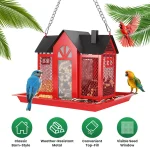 Metal Hanging Bird Feeder House Classic Barn Bird Feeder House Iron Hanging Outdoor Feeder With Visible Window And Lift Top Lid 15.75in Hanging Length Wild Birds Garden Yard Red&White