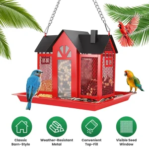 Metal Hanging Bird Feeder House Classic Barn Bird Feeder House Iron Hanging Outdoor Feeder With Visible Window And Lift Top Lid 15.75in Hanging Length Wild Birds Garden Yard Red&White