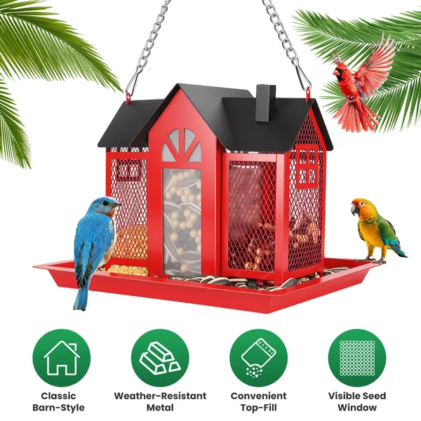 Metal Hanging Bird Feeder House Classic Barn Bird Feeder House Iron Hanging Outdoor Feeder With Visible Window And Lift Top Lid 15.75in Hanging Length Wild Birds Garden Yard Red&White