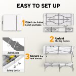 6FT 3 PCS Portable Camping Table and Chairs, Folding Picnic Table Bench Set with Carrying Handles for BBQ, Party, White