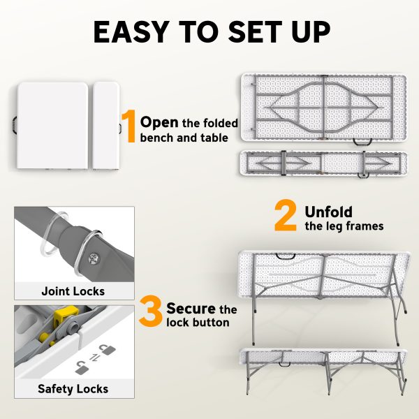 6FT 3 PCS Portable Camping Table and Chairs, Folding Picnic Table Bench Set with Carrying Handles for BBQ, Party, White