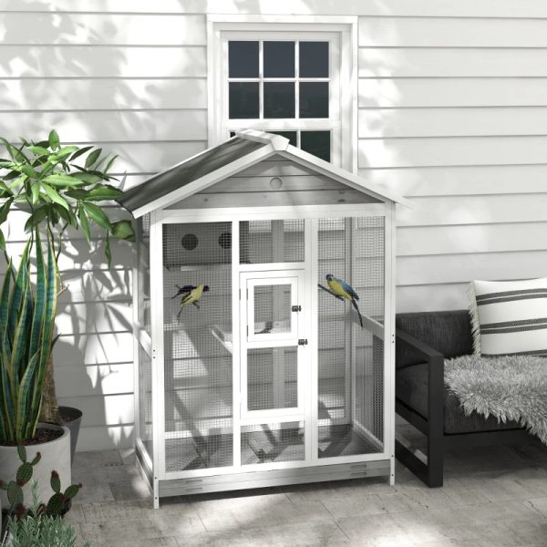 PawHut 64.5 Wooden Bird Cage Aviary, Flight Cage With 4 Perches, Nest And Slide-Out Tray For Indoor Outdoor, GrayMultiple Packages