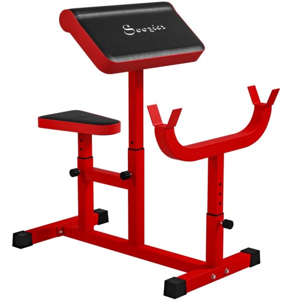Soozier 265 LBS Preacher Curl Bench For Strength Training, Adjustable Seated Arm Isolated Barbell Dumbbell Bicep Station, Red