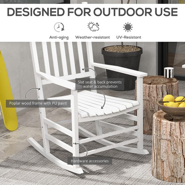 Outdoor Rocking Chair Set of 2 with Side Table, Patio Wooden Rocking Chair with Smooth Armrests, High Back for Garden, Balcony, Porch, Supports Up to 352 lbs. , White