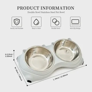 Anti Slip Base Double Cat Food Bowl, Gray Stainless Steel Food And Water Bowl, Easy To Clean And Detachable Design, Cat And Dog Pet Feeder