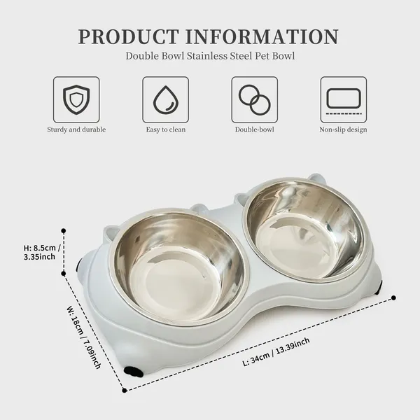 Anti Slip Base Double Cat Food Bowl, Gray Stainless Steel Food And Water Bowl, Easy To Clean And Detachable Design, Cat And Dog Pet Feeder