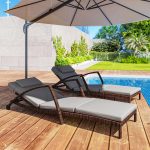 Set of 2 Wicker Chaise Lounge Chair Outdoor Patio Lounger with 5 Adjustable Back, Wheels, Cushion, and Armrests, Gray