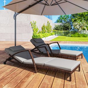 Set of 2 Wicker Chaise Lounge Chair Outdoor Patio Lounger with 5 Adjustable Back, Wheels, Cushion, and Armrests, Gray