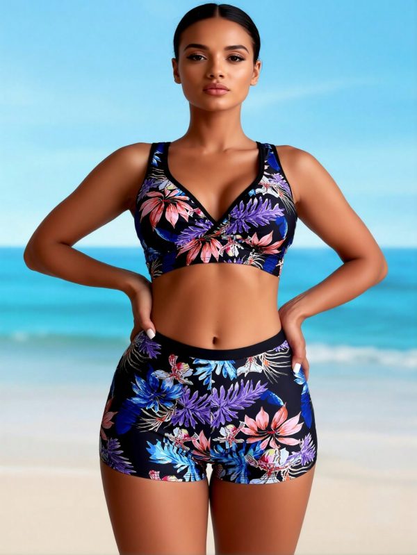 2026 New Tropical Floral Print Sporty Two-Piece Swimsuit, V Neck Crop Top With Boy Shorts