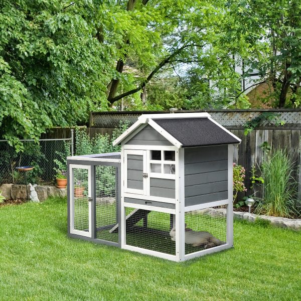 Indoor Rabbit Enclosure, 48" Weatherproof Wooden Rabbit Hutch, with Slanted Asphalt Roof & Fun Outdoor Run for Bunnies & Ferrets - Gray