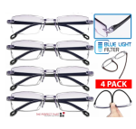 4 PK Mens Rectangular Rimless Blue Light Blocking Reading Glasses Unisex Readers