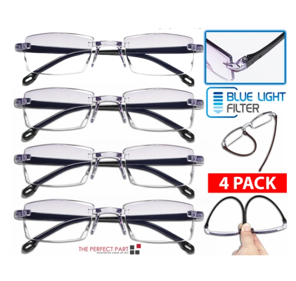 4 PK Mens Rectangular Rimless Blue Light Blocking Reading Glasses Unisex Readers