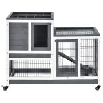Wooden Rabbit Hutch Elevated Bunny Cage Indoor Small Animal Habitat with Enclosed Run with Wheels, Ramp, Removable Tray for Rabbits, Chickens, Ducks, Guinea Pigs, Gray